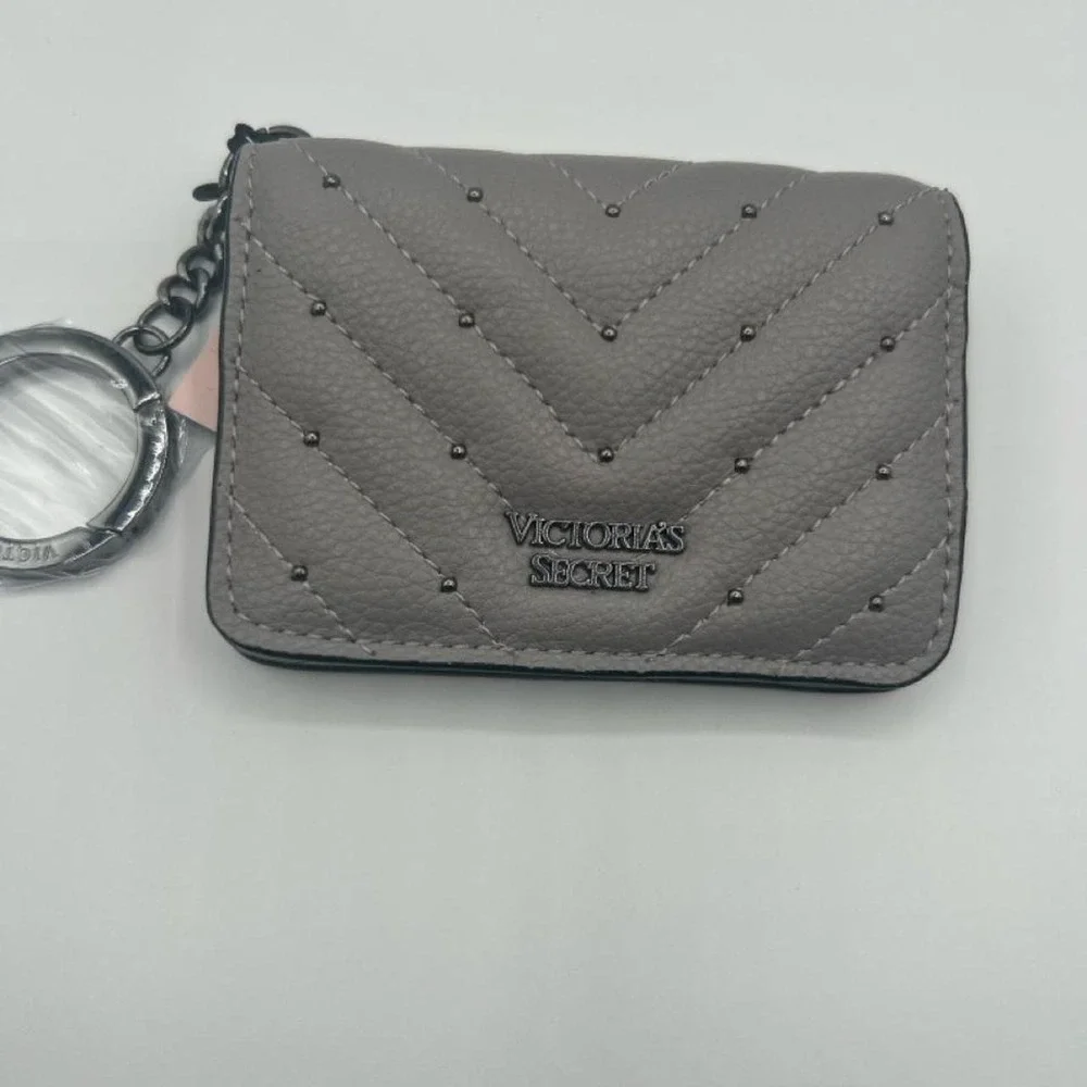 NWT Victoria's Secret Grey Quilted Studded Keychain Card Case Zip Mini Wallet